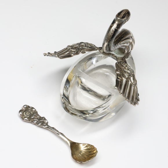 Vintage Sterling Silver Germany Crystal Swan With Spoon Open Salts Tray Singed - Picture 2 of 6